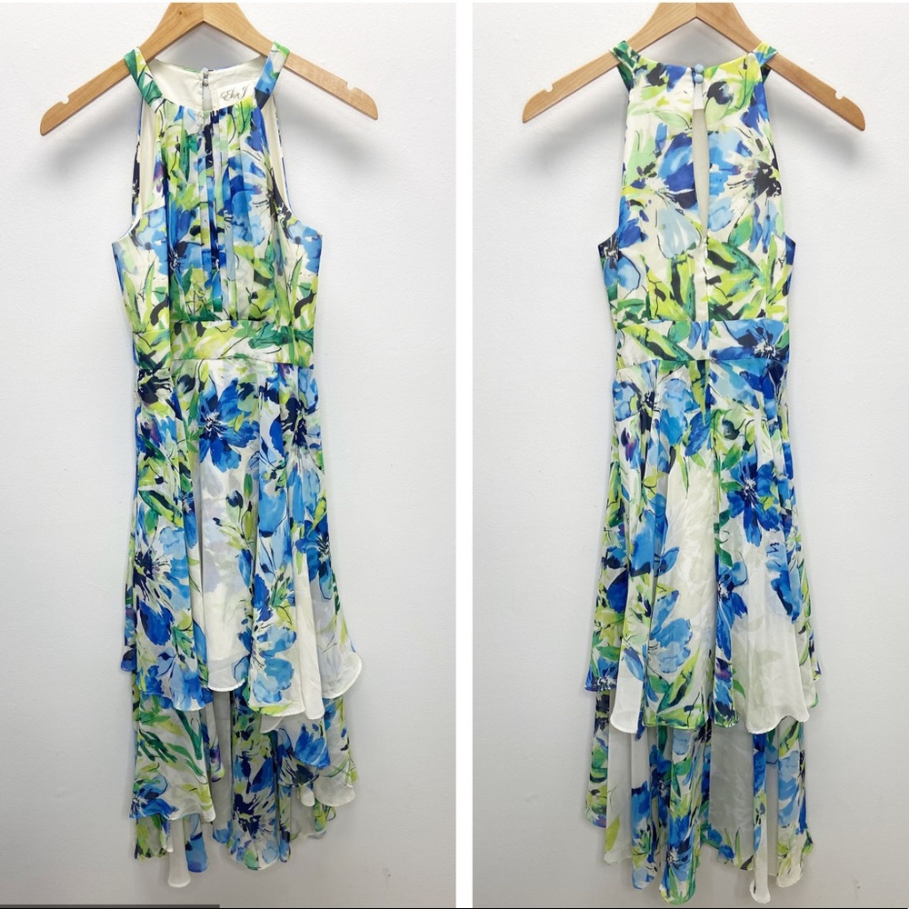 Eliza J Floral High Low Halter Chiffon Midi Dress